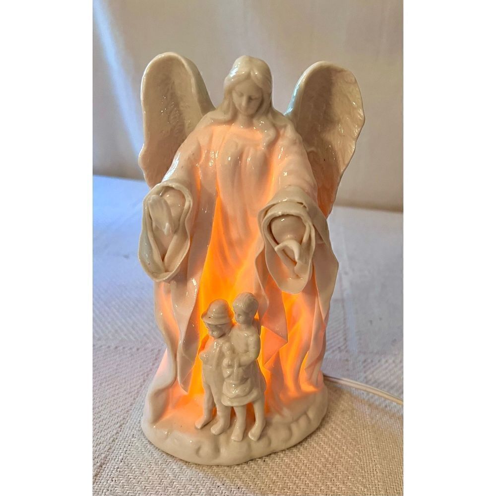 Vintage Lamp Light~ WHITE PORCELAIN GUARDIAN ANGEL with BOY & GIRL ~ 7.5" Tall
